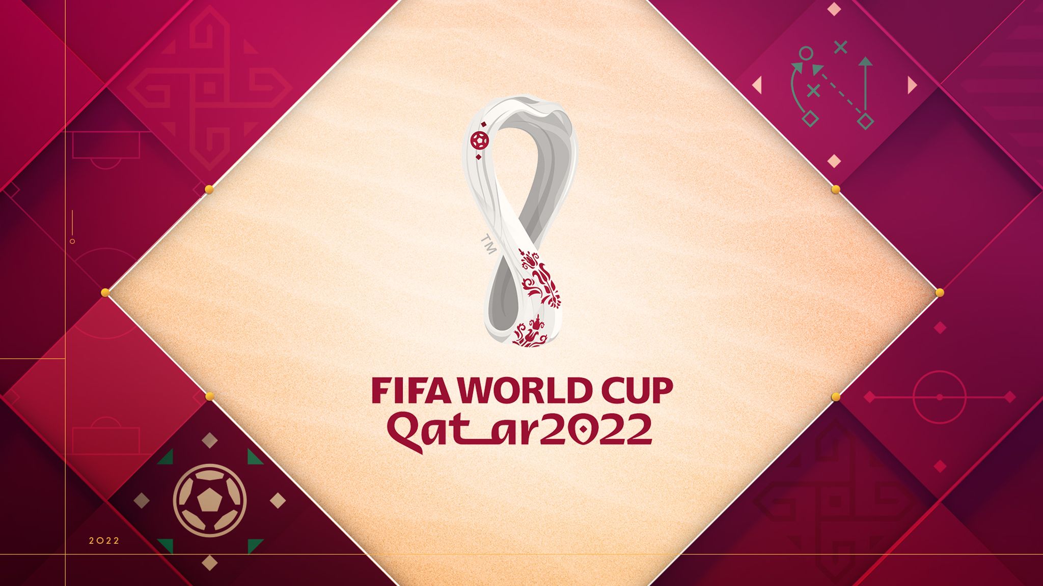It is the official emblem of the 2022 FIFA World Cup with the host country Qatar. crimson background